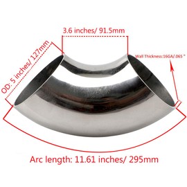 KOTVTM 5" Stainless Steel Exhaust Pipe Elbow 90° Mandrel Bend Elbow - Thickness 16GA/.065" Wall Material SS304 Exhaust Tubing for Modified Exhaust Elbow Pipe, Stair Handrail,etc