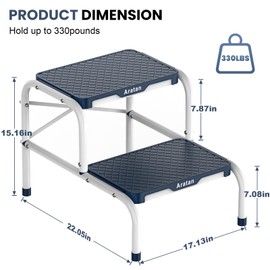 Two Step Stool for Adults, Heavy Duty Stepping Stool with Non-Slip Rubber Feet Metal Stool for Bedroom Kitchen Bed Steps for High Beds, 330 Lbs Capacity