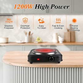 1200W Electric Infrared Single Burner, Single Hot Plate with Stepless Temperature Adjustments, Portable Counter Single Stove with 7.5” Glass Cooktop for Home RV Camp Cooking