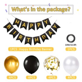 Happy Birthday Banner, Black and gold Birthday Decoration Happy Birthday Balloons, Ribbons and Birthday Banners for Decoration Birthday Party Supplies（Black&gold)