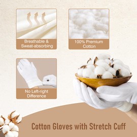 COOLJOB Cotton Gloves, White Fabric Gloves Made of Cotton for Dry Hands & Neurodermatitis, Moisturising Gloves, Washable - Free Wash Bag (4 Pairs, Size M)