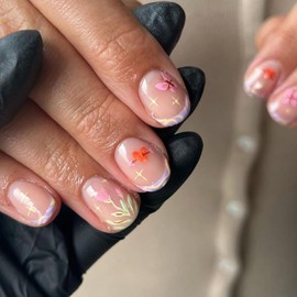 24Pcs French Tip Press on Nails Short Square Fake Nails Acrylic False Nails with Tulip & Love & Butterfly Designs Nude Pink Artificial Glossy Full Cover Spring Glue on Nails for Women Girls