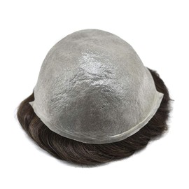 Mens Toupee Wigs Invisible Mens Hair Replacement Poly Hairpiece V-loop 0.04mm Thin Skin Human Hair System Gray Man Hair Unit Gray Wig for Men 8"x10",#230 Darkest Brown+30%Gray-100%Light to Med-Light