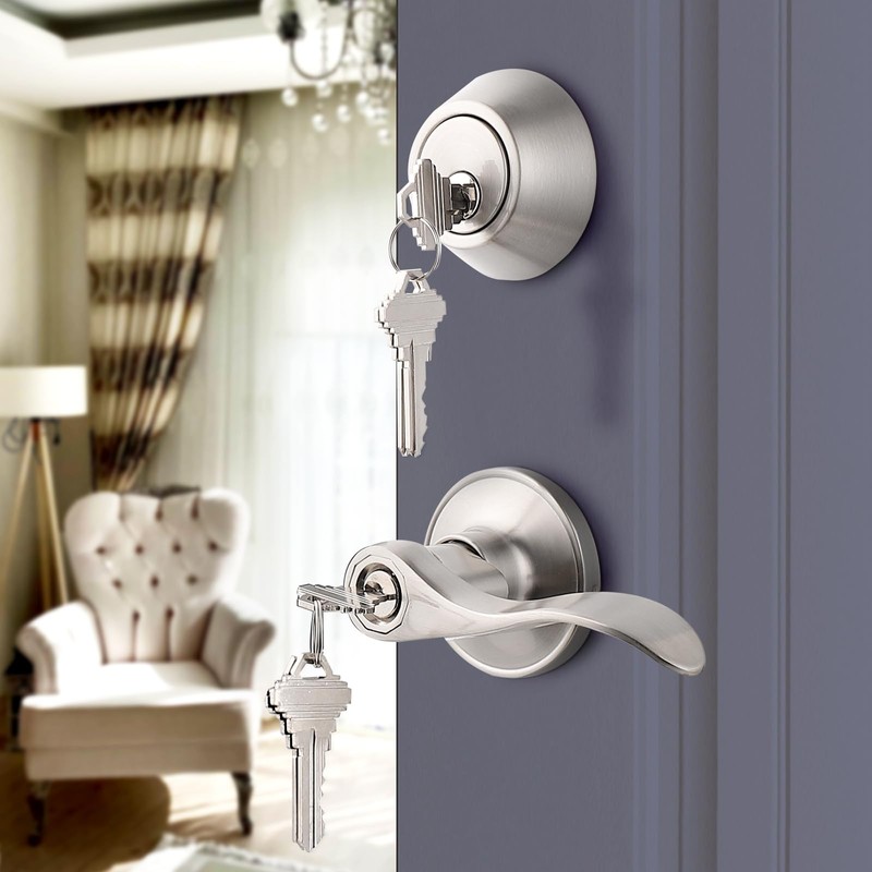 Probrico 3 Pack-Entry Door Lever and Deadbolt Lock Set, handleset