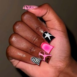 24pcs Duck Press On Nails Medium Fake Nails Star With Vortex Design French Tip False Nails Full Cover Cute Acrylic Nails Pink Glue On Nails Black Stick On Nails For Women Manicure Decorations