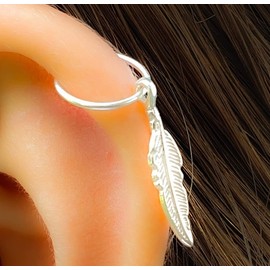 Feather Cartilage Earring Sterling Silver Earrings, Silver Tribal Helix Hoop piercing Feather Jewelry