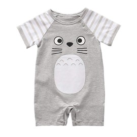 Unisex Baby Cotton Onesie - Short Sleeve Outfit with Cute Graphics, Striped Sleeves, 18-24 Months, Grey