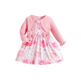 puseky Baby Girl Dress and Cardigan Set False 2 Piece Baby Girl Floral Print Long Sleeve Bow Dress Baby Girls Sundress 9-12 Months Pink