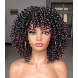 ISAMY Curly Afro Wig with Bangs Short Kinky Curly Wigs for Black Women Synthetic Fiber Soft Hair Short Curly Afro Wig (T1B-Brown)