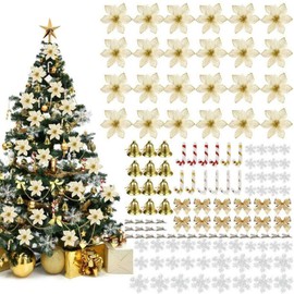 120 Pieces Flower Decoration Set, Christmas Tree Decorations Hanging Plastic Flowers, Simulation Flowers, Flowers, Snowflakes, Bows, Bells, Small Sticks, Christmas Decoration (Gold)