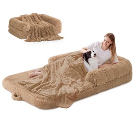 ZOMISIA Human Dog Bed for Adult, 2 in 1 Foldable Giant Dog Bed for People Fits Pet Families, Egg Foam Supportive Mat, Waterproof Liner, Faux Fur Human Size Pet Bed with Blanket, 71"x43"x10", Camel