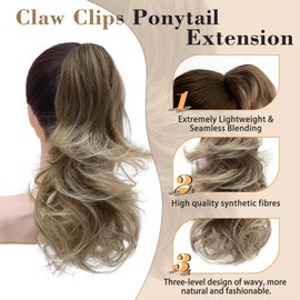 MOCA HAIR Ponytail Extension,Ombre Brown Mix Blonde 18 Inch Claw Clip Ponytail Extension, Soft Wavy Curly Clip on Ponytails for Women Heat Resistant Synthetic Hairpiece for Daily Use