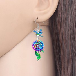 BONSNY Colorful Dragonfly Dandelion Flower Dangle Earrings, Whimsical Nature Inspired Statement Jewelry for Women,Blue Fun Hawaii Luau Party Summer Accessory (Blue)