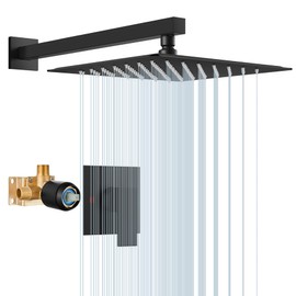Airuida Matte Black Shower Faucet Set, 12 Inch Square Shower Head Shower System Set, Wall Mount Bathroom Single Function Shower Trim Kit with Male Threads and Rough-in Valve