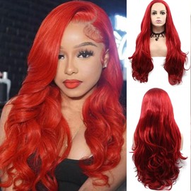 AFBeauty Lace Front Wigs Real Hair Red Wigs for Black Women Handmade Long Wavy Hot Red Curly Realistic Pre Plucked Hairline Glueless Synthetic Heat Resistant Fiber Hair Wigs Cosplay Daily Drag 26"