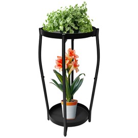 Uniqcovosa Plant Stand Indoor, 2 Tier Tall Metal Round Potted Holder Rack, Heavy Duty Corner Shelf Flower Pot Holder Display Rack for Patio Living Room Balcony Garden, Black