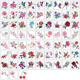 Yesallwas 66 Pcs Temporary Flower Tattoos Stickers Rose Peony Butterflies Blossoms Flash Tattoo for Kids Girls Teens