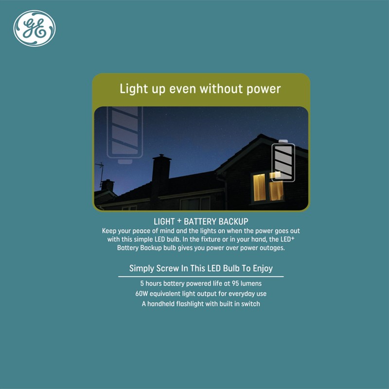 GE LED+ Backup Battery LED Light Bulbs, A21 Rechargeable Light