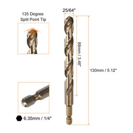sourcing map 1/4" Hex Shank Drill Bit 25/64" Gold Oxide M35 High Speed Steel Twist Drill Bit 135 Degree Split Point Tip Drilling Tool with Quick Change Hex Shank for Metal Wood Plastic