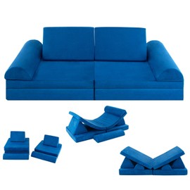 Costzon Kids Play Couch Sofa, Large Modular Folding Sofa Building Fort Playset with Handle, Machine-Washable Cover, Convertible Foam Cushion for Playroom Bedroom Boys Girls Gifts (8-Piece, Blue)