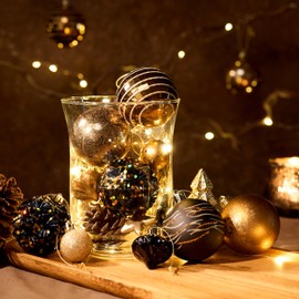 DecorbyHannah 50ct Christmas Ornaments Set, Black Gold Christmas Tree Ornaments Decorations, Assorted Shatterproof Decorative Hanging Ball Ornaments for Small Tree, Home Party Decor