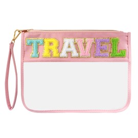 Chenille Letter Clear Zipper Flat Pouch Transparent Waterproof Stuff Cosmetic Bags Travel Makeup Bag with Zipper Toiletry Bag with Preppy Patch for Women & Children, Travel, Gym, Beach