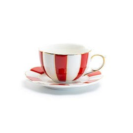 Gracie China Shop Grace Teaware Red and White Scallop Fine Porcelain Tea Cup and Saucer with Gold Trim, Regular