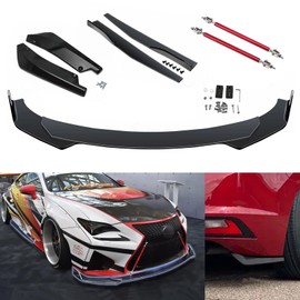 Xotic Tech 9Pcs Front Bumper Lip Chin Spoiler + Side Skirt Winglets Diffuser + Rear Bumper Canard Splitter Car Body Kits + Red Adjustable 8"-11" Support Rods Universal Fit Most Vehicles