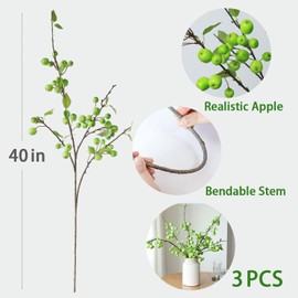 mizii 3Pcs Artificial Green Apple Branches 40" Faux Green Apples with Long Stem Realistic Apple Fake Fruits Branche Greenery Decorations for Kitchen Table Centerpieces Tall Vase Home Decor