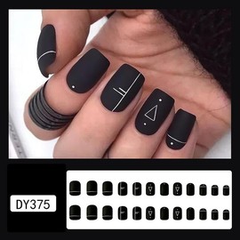 Geometric Pattern Detachable Fake Nail, 24pcs Short Square Press on Nails for Women & Girls, DIY Stick on Nail Art Kits, Nail Decorations