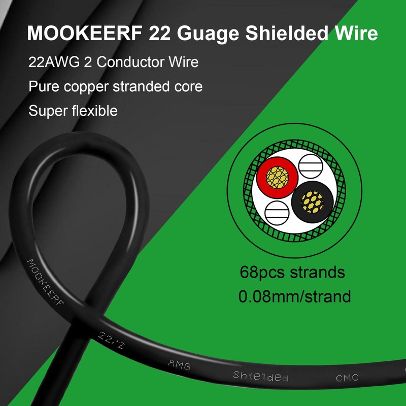 MOOKEERF 22/2 Shielded Wire 50FT,22AWG 2 Conductor Shielded Cable Stranded