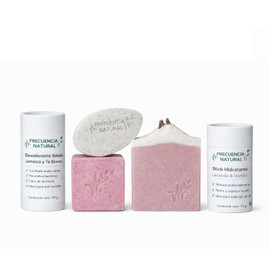 Frecuencia Natural Set de Cuidado Personal, Desodorante Sólido Jamaica y Té Blanco 70g, Stick Hidratante Lavanda y Vainilla 75g, Jabón Natural, 100% Natural, Sin Aluminio, Para Piel Sensible - Goddess Ritual Deluxe