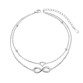 DAOCHONG Anklet for Women S925 Sterling Silver Adjustable Foot Heart Lotus Infinity Moon Srars Flower Pearl Multilayer Layered Ankle Bracelet Beach Jewelry, 8+2 inches, Metal, Cubic Zirconia