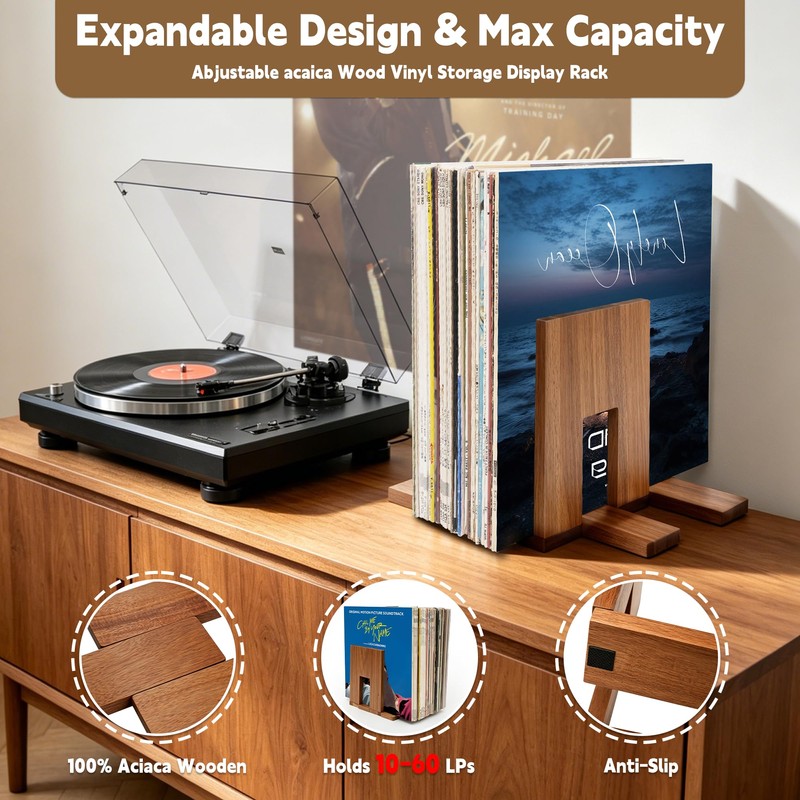 QUALLON Adjustable Vinyl Record Holder Solid Acacia Wood, 20–60 LP
