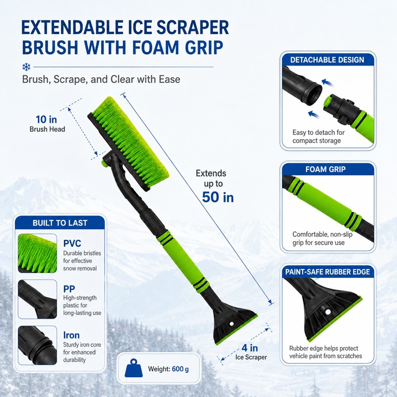 3-in-1 Extendable Snow Brush for Cars – 50-Inch Rotating Ice
