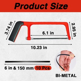Red Adjustable Junior Hacksaw with 10 Blades, Heavy Duty Metal Saw for Cutting PVC, Wood, and Shingles, Mini Hand Saw for Precise Cuts, Ideal for DIY Projects, Hacksaw for Metal Cutting