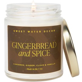 Sweet Water Decor Gingerbread and Spice Candle | Orange, Lemon, and Ginger Candles Scented Soy Candles for Home | Christmas Candle Gold Foil Pattern 9oz Clear Jar, 40 Hour Burn Time, Made in the USA