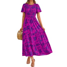 PRETTYGARDEN Flutter Sleeve Floral Summer Dresses for Women 2025 Casual Crewneck Smocked Top Flowy Tiered Maxi Dress (Floral Purple, Small)