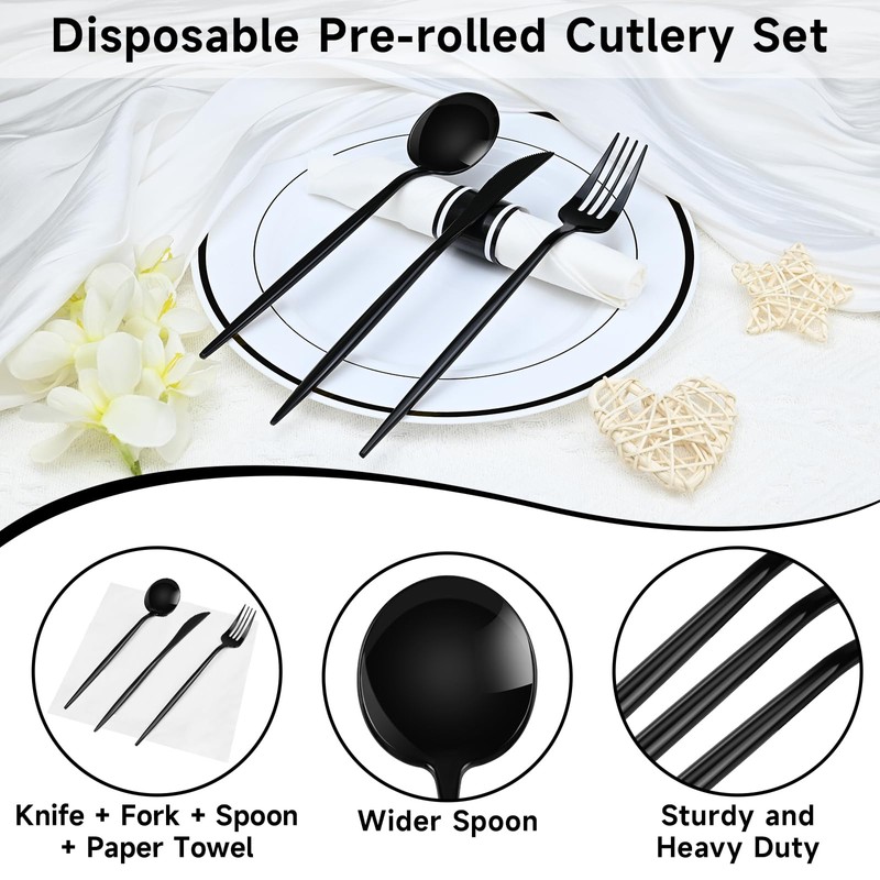 60 Pack Pre Rolled Black Plastic Silverware, Disposable Wrapped Cutlery