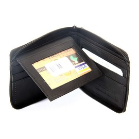 Men's Leather Zip-around Bifold 6 Credit Card 2 Id Window Wallet in Black 4.5x3.5 inches