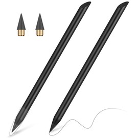 AUAUY 2 PCS Metal Inkless Pencil, Infinity Pencil, Reusable Everlasting Pencil, Replaceable Nib Pencil with 2 Replaceable Nib for Writing Drawing Students Home Office School Supplies（Black）