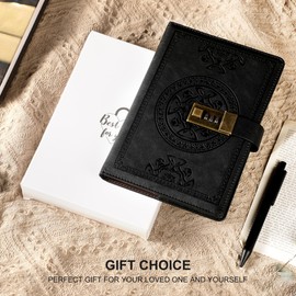 CAGIE Journal with Lock for Men and Women Refillable 290 Lined Pages Locked Journal with Pen, Diary with Lock 180 Lay Flat for Writing Travel Diary, 5.7'' X 8.3'', Black