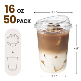 50 Pack 16 Oz Round Bottom Clear Plastic Cups with Strawless Sip Lids