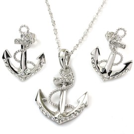 FC JORY White Gold Plated Crystal Diamante Anchor Necklace Earrings Studs Jewelry Set