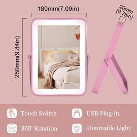 YEKKOPT Pink Rechargeable Vanity Mirror with Lights, 10"×7" LED Makeup Mirror with Lights, Smart Touch Control Dimmable 3 Modes Light, Lighted Up Mirror for Makeup Desk, Bedroom, Dressing Room