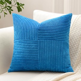 Sungeek Set of 1 Decorative Cushion Cover 40 x 40cm Soft Corduroy Striped Cross Patchwork Textured Pillow Covers Solid Square Throw Pillow Cases for Sofa Bed Patio 16x16 Inch, Blue