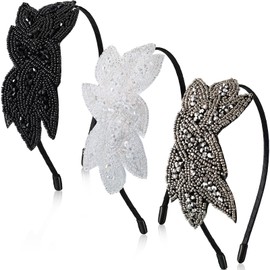 Jutom 3 pcs 1920s Flapper Headbands for Women 20s Vintage Headpiece Rhinestone Beaded Leaf 1920s Accessories(Silver, White, Black)