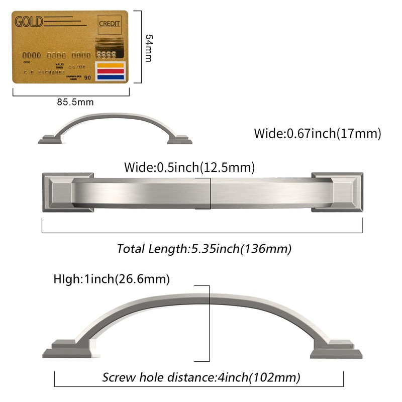 Amerdeco 10 Pack Brushed Satin Nickel Cabinet Pulls 4 Inch(102mm)