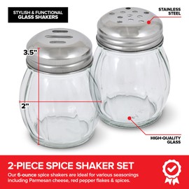 6-Ounces Glass Spices Shaker With Perforated Stainless Steel Top And Parmesan Cheese Shaker With Slotted Stainless Steel Top/Set of 2/Bulk Swirl Retro Style Dispensers With Lids/Salt & Pepper Shakers