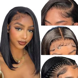 Belaved Black Bob Wig Human Hair 12inch 13x4 HD Transparency Lace Front Wigs Raw Human Hair 180% Density Pre Plucked Short Bob Wigs Straight with Baby Hair Glueless for Black Women